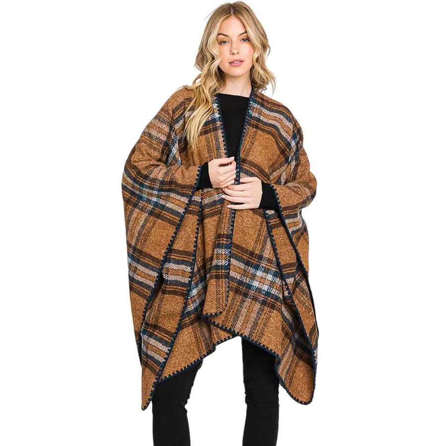 Plaid Check Patterned Ruana Poncho