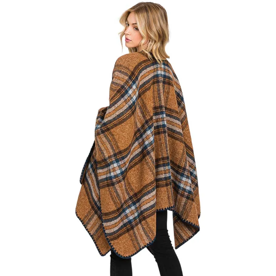 Plaid Check Patterned Ruana Poncho