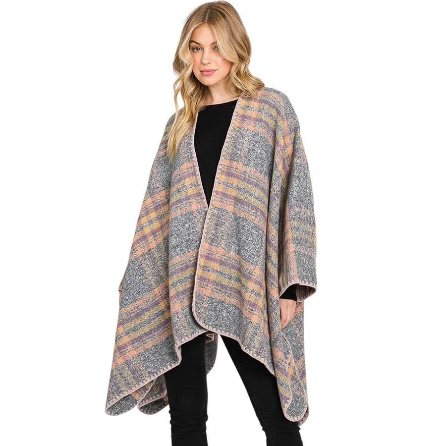 Plaid Check Patterned Ruana Poncho