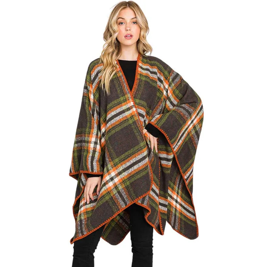 Plaid Check Patterned Ruana Poncho