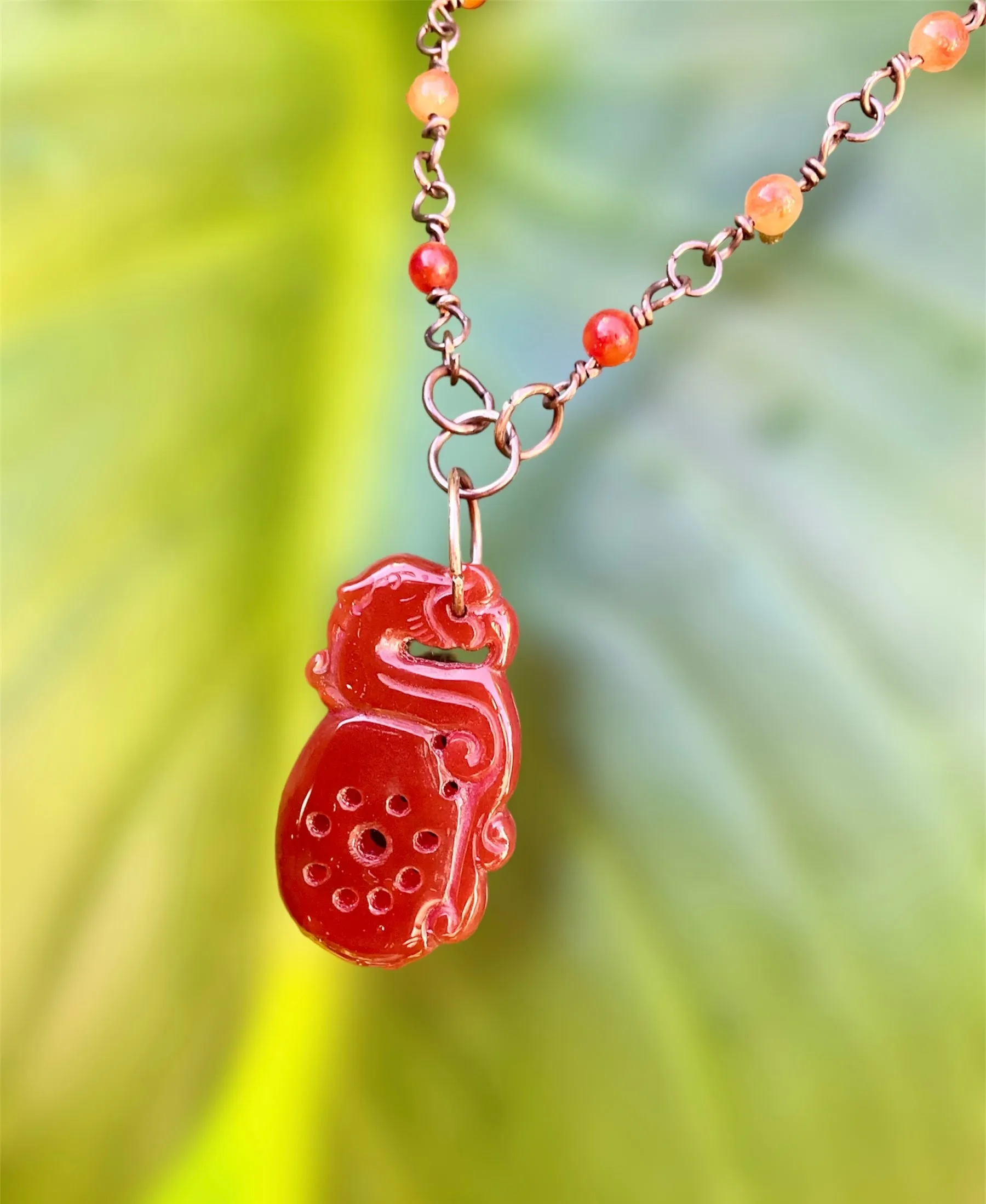 Red Jade Pixiu Pendant With Carnelian Handmade Necklace