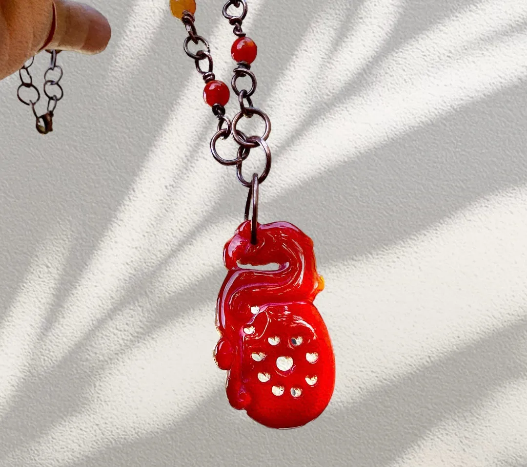 Red Jade Pixiu Pendant With Carnelian Handmade Necklace