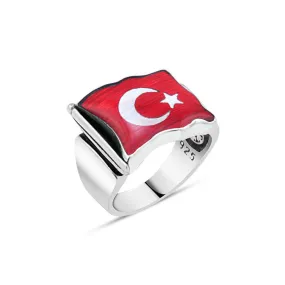 Red Wavy Turkish Flag Patterned Silver Men's Ring