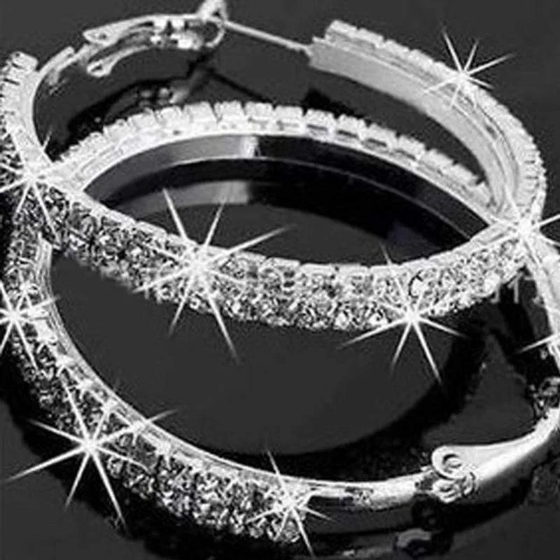 Rhinestone Luxury Bling Silver & White Rhinestone Hoop Earrings