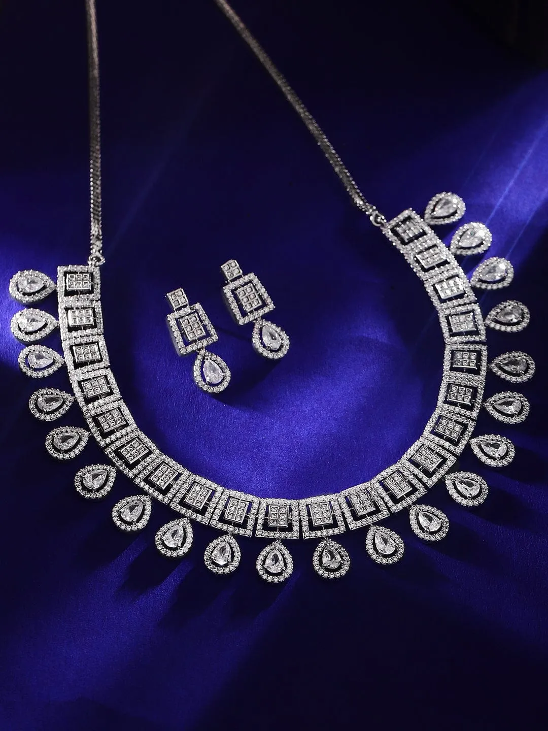 Rubans Rhodium-Plated Premium White Pear & Round Zircons Studded Patterned Statement Jewellery Set