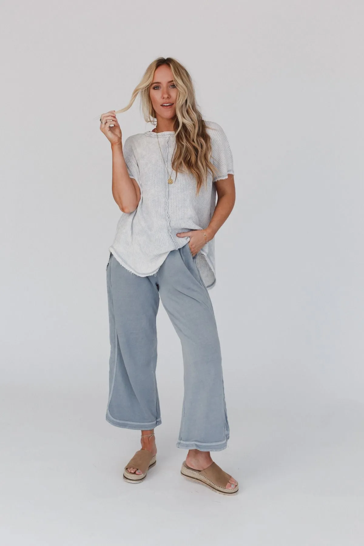 So Comfy Wide Leg Pant Cropped Length - Faded Blue