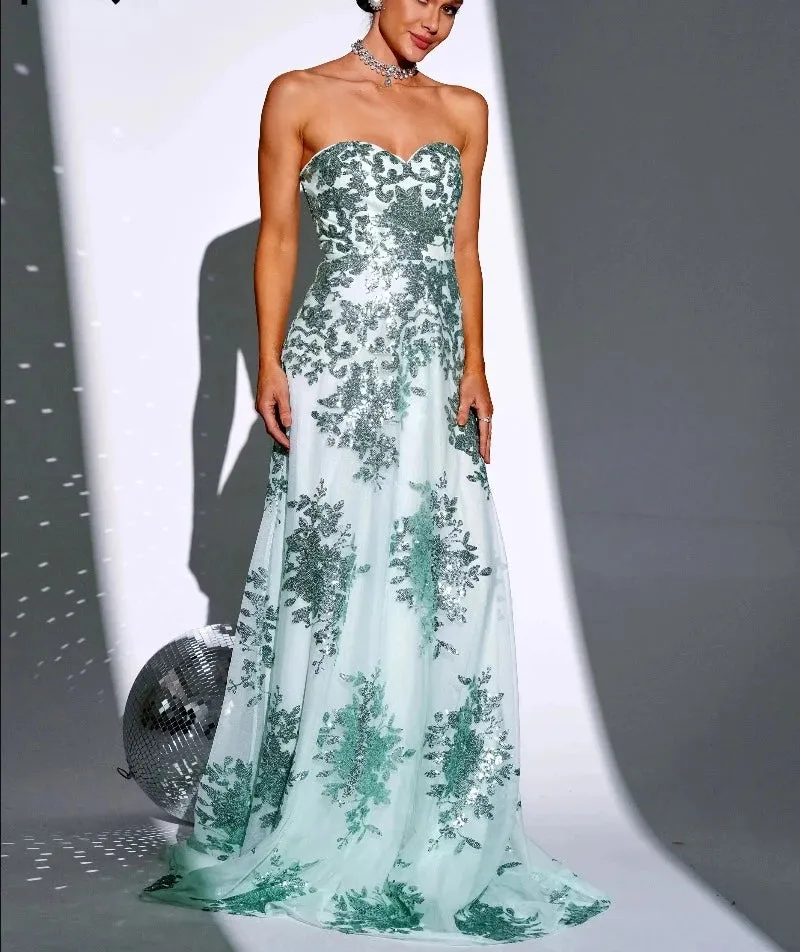 Strapless Green A-Line Sequin Formal Party Evening Gown