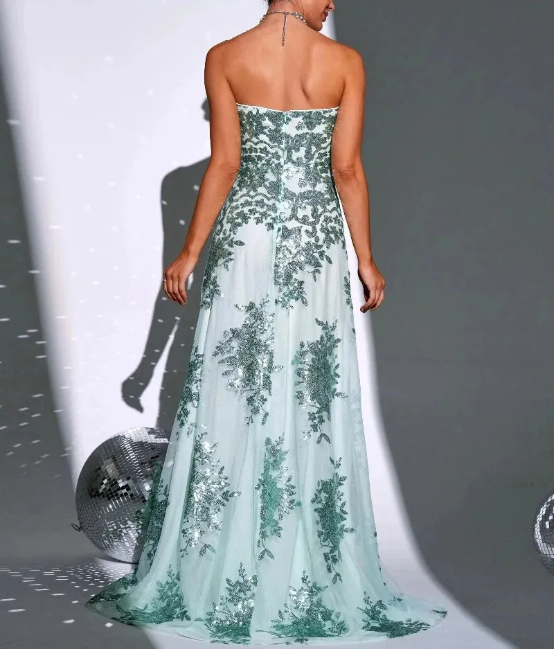 Strapless Green A-Line Sequin Formal Party Evening Gown