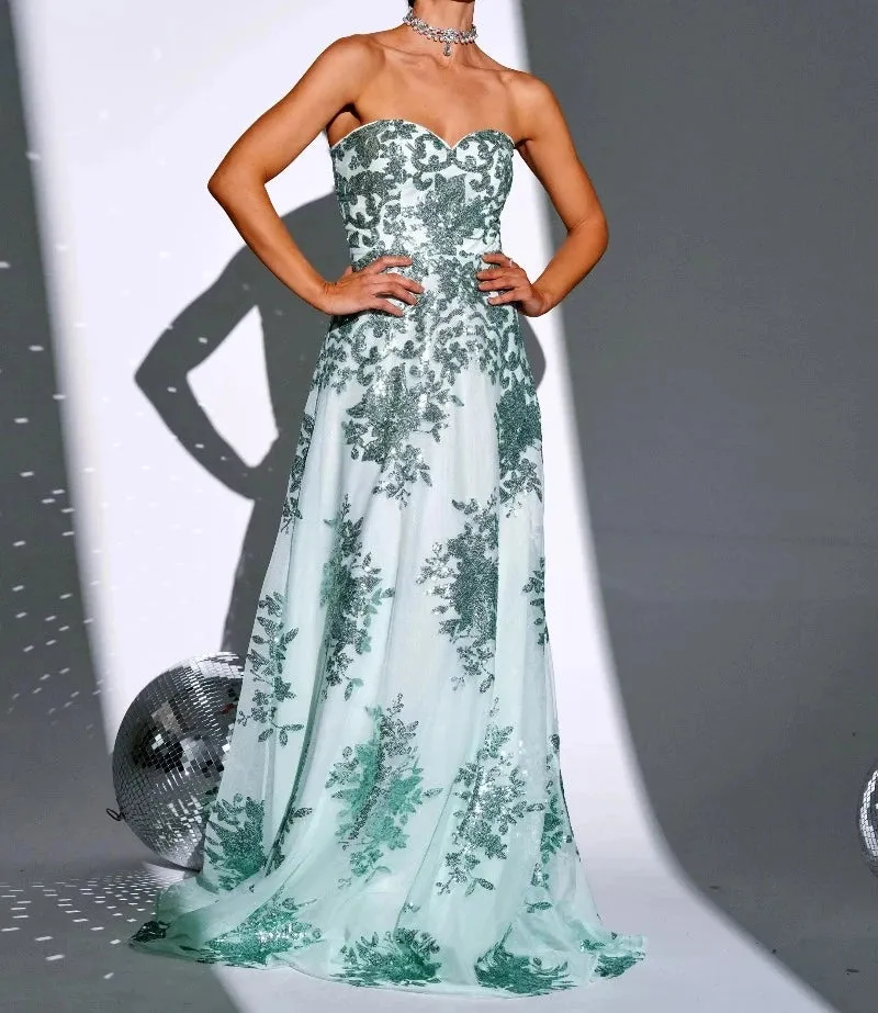 Strapless Green A-Line Sequin Formal Party Evening Gown