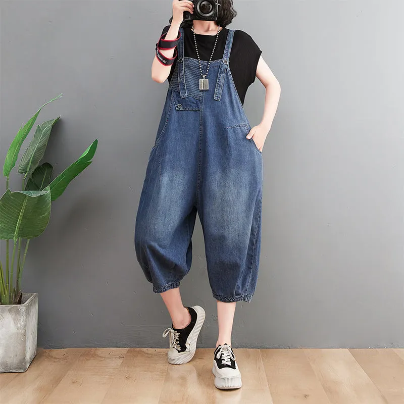 Summer Loose Retro Solid Cotton Denim Jumpsuit