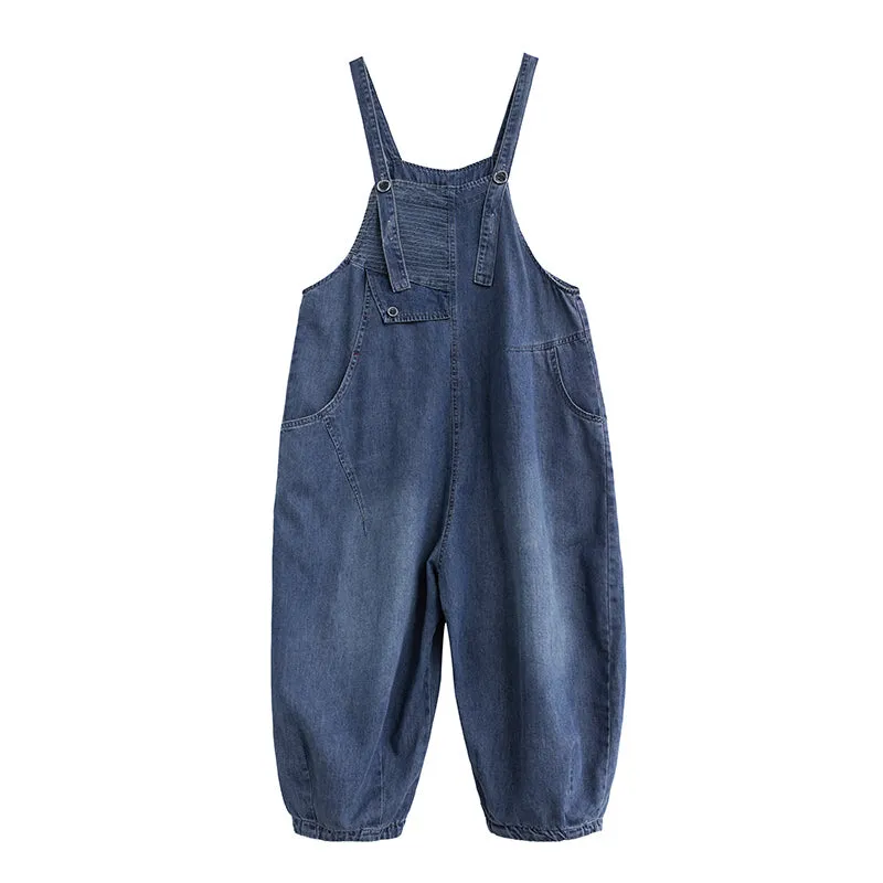 Summer Loose Retro Solid Cotton Denim Jumpsuit