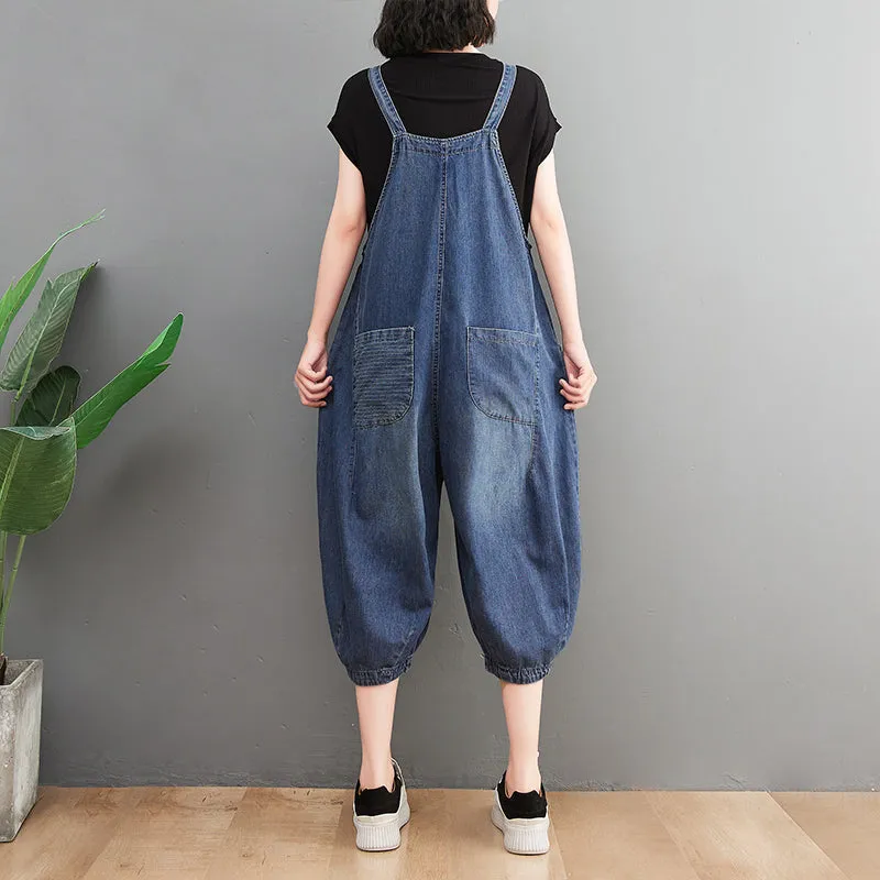 Summer Loose Retro Solid Cotton Denim Jumpsuit