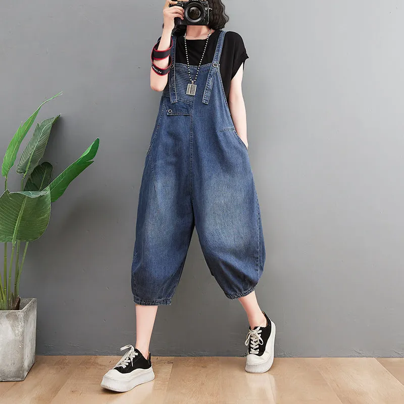 Summer Loose Retro Solid Cotton Denim Jumpsuit