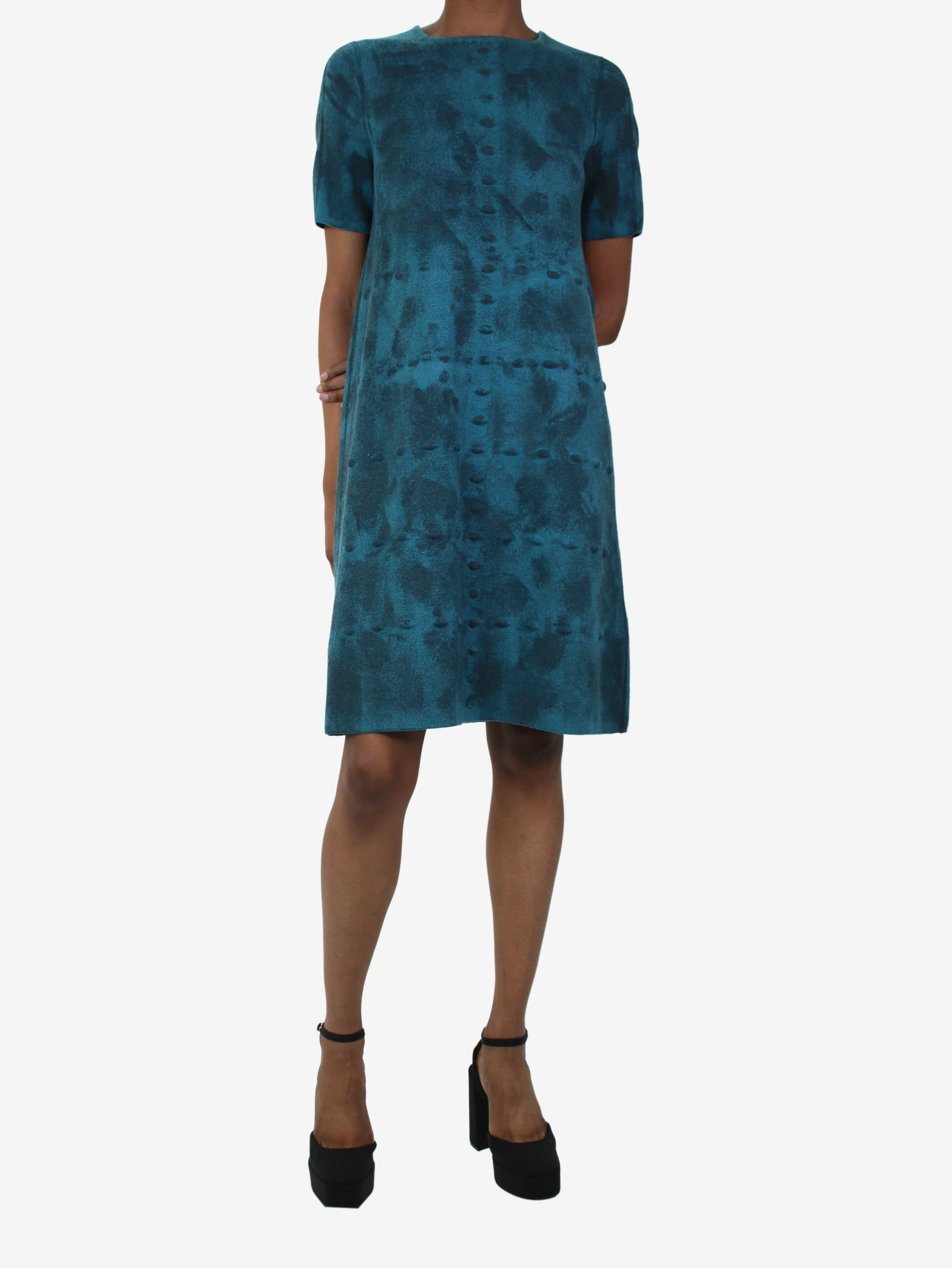 Teal short-sleeved patterned wool dress - size IT 38