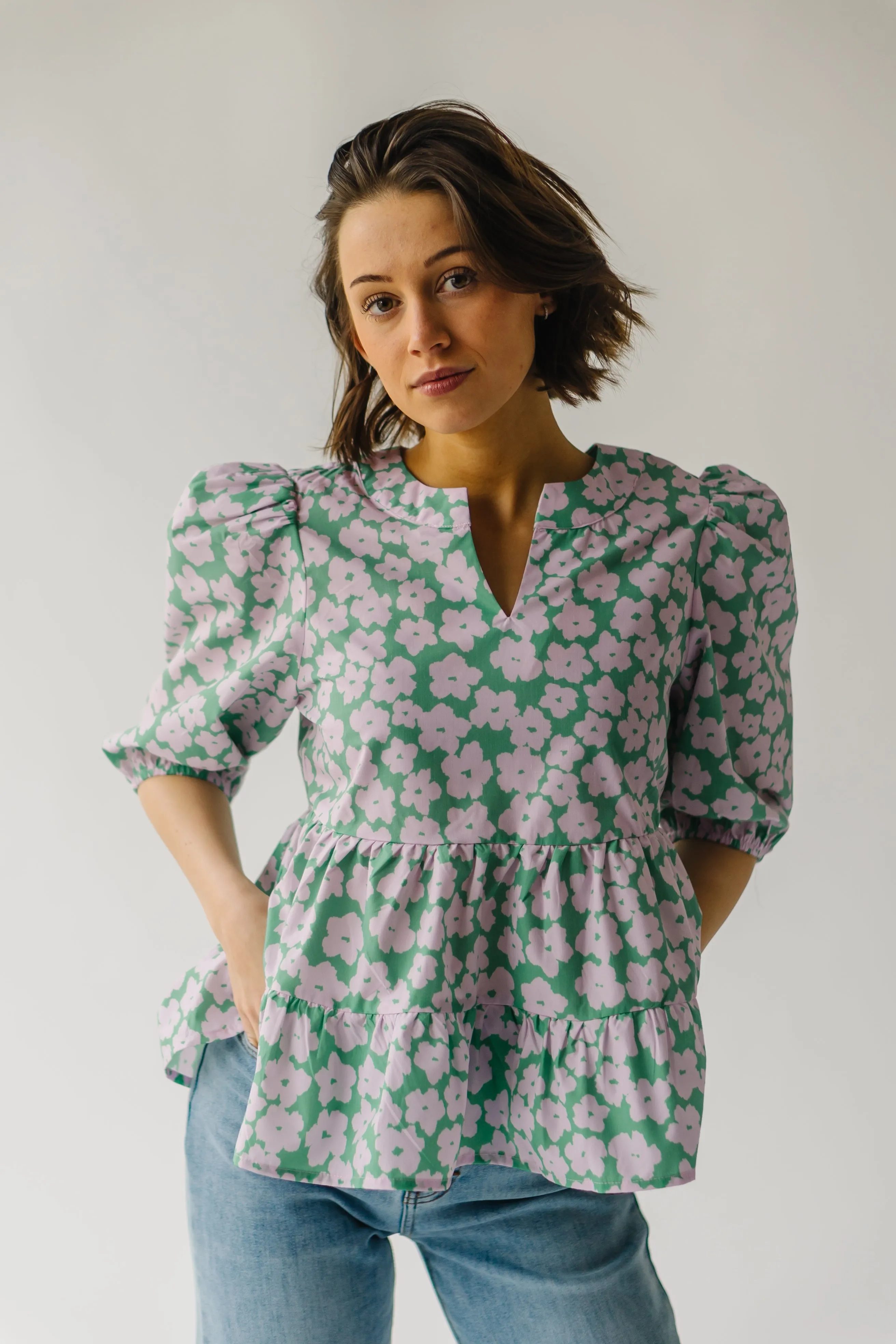 The Everman Patterned Peplum Blouse in Green