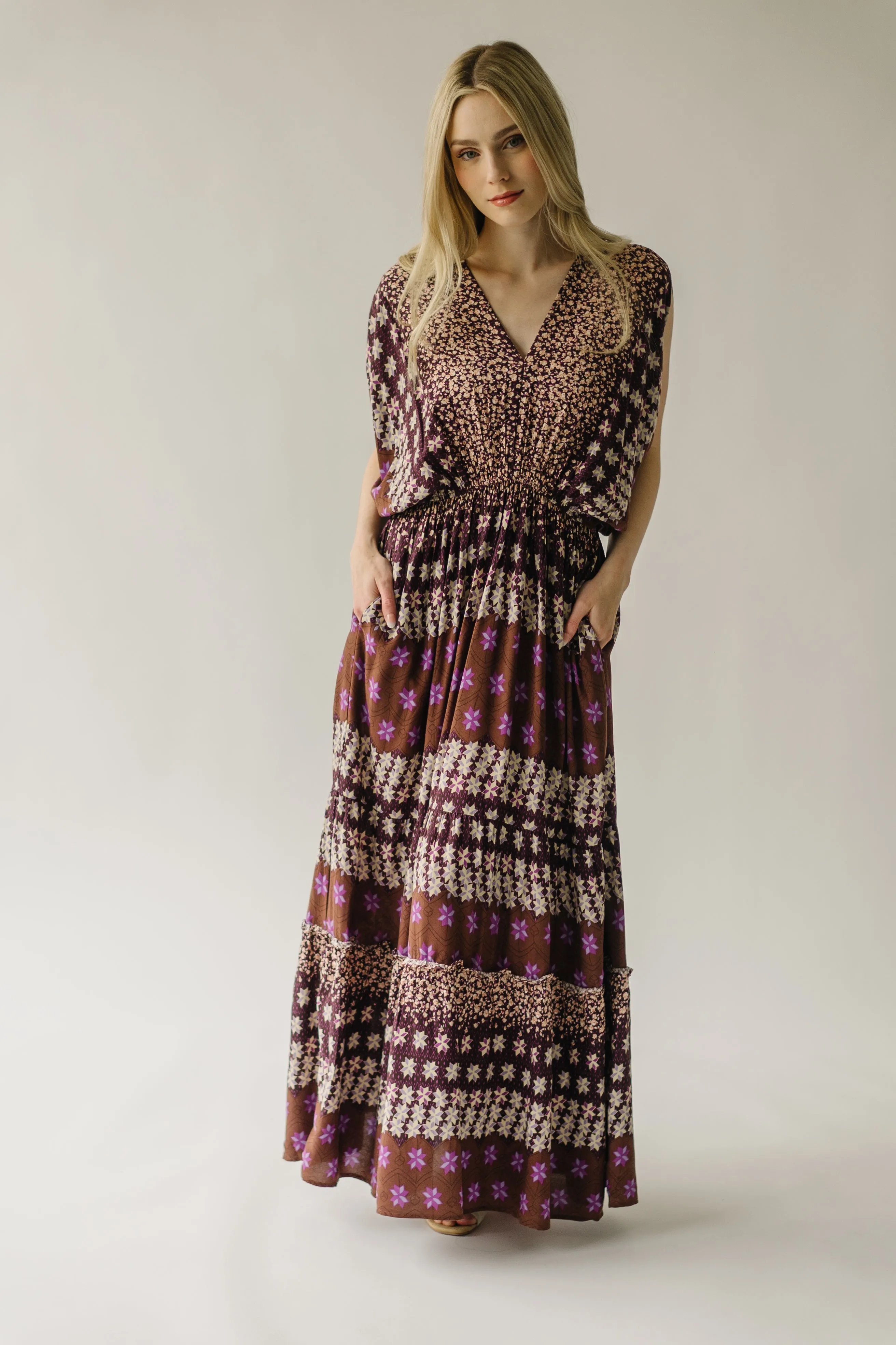 The Layman V-Neck Patterned Maxi Dress in Mocha