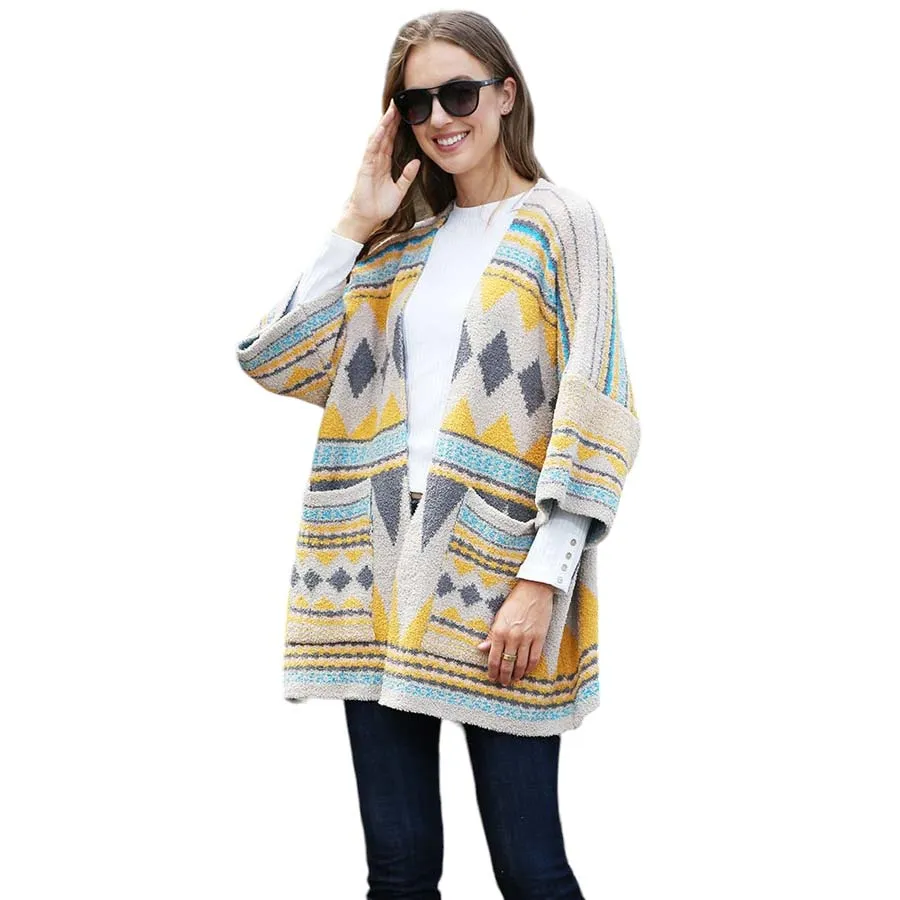 Tribal Patterned Front Pockets Cardigan