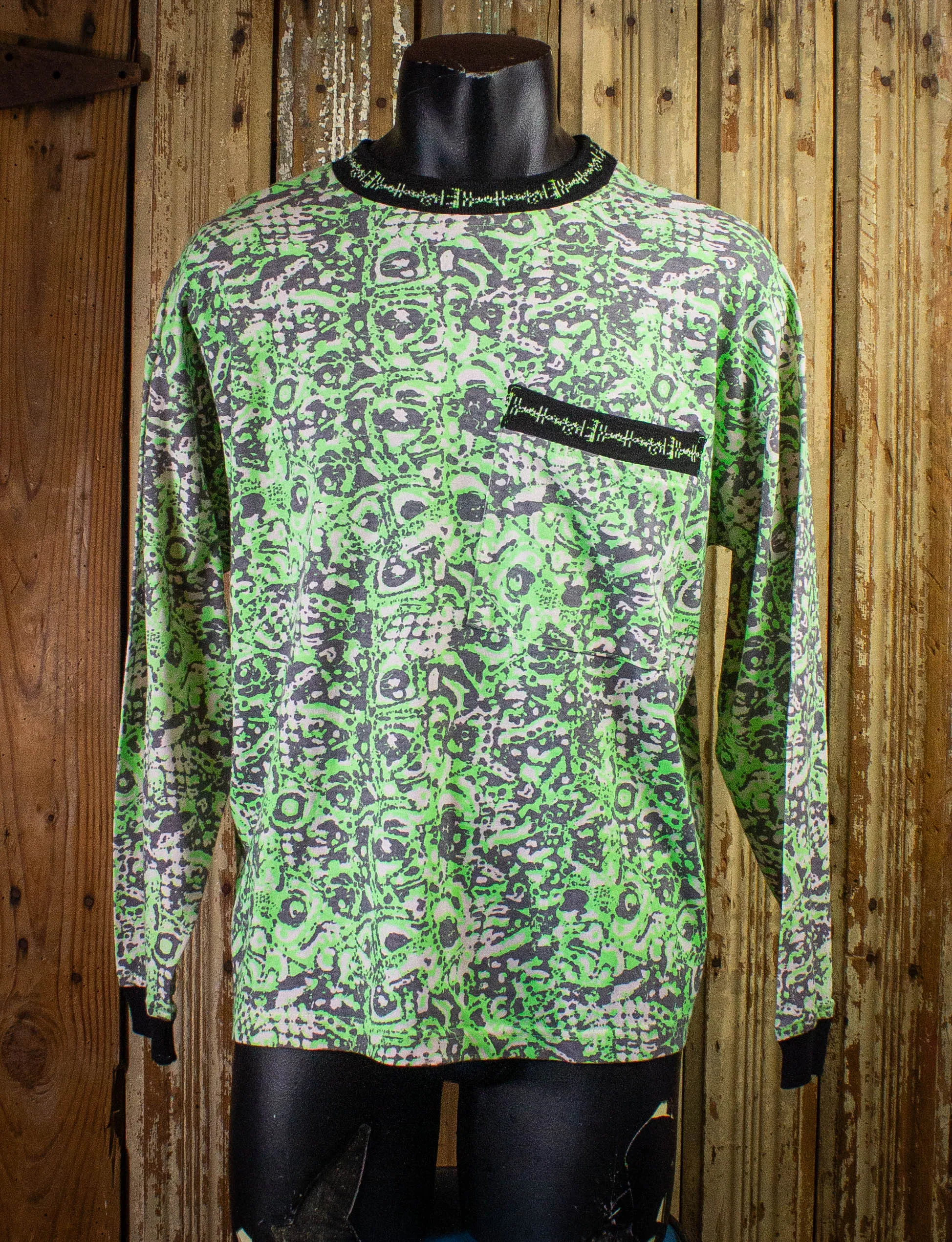 Vintage New Planet Patterned Long Sleeve Skater Shirt 80s/90s Green, White, and Black Large