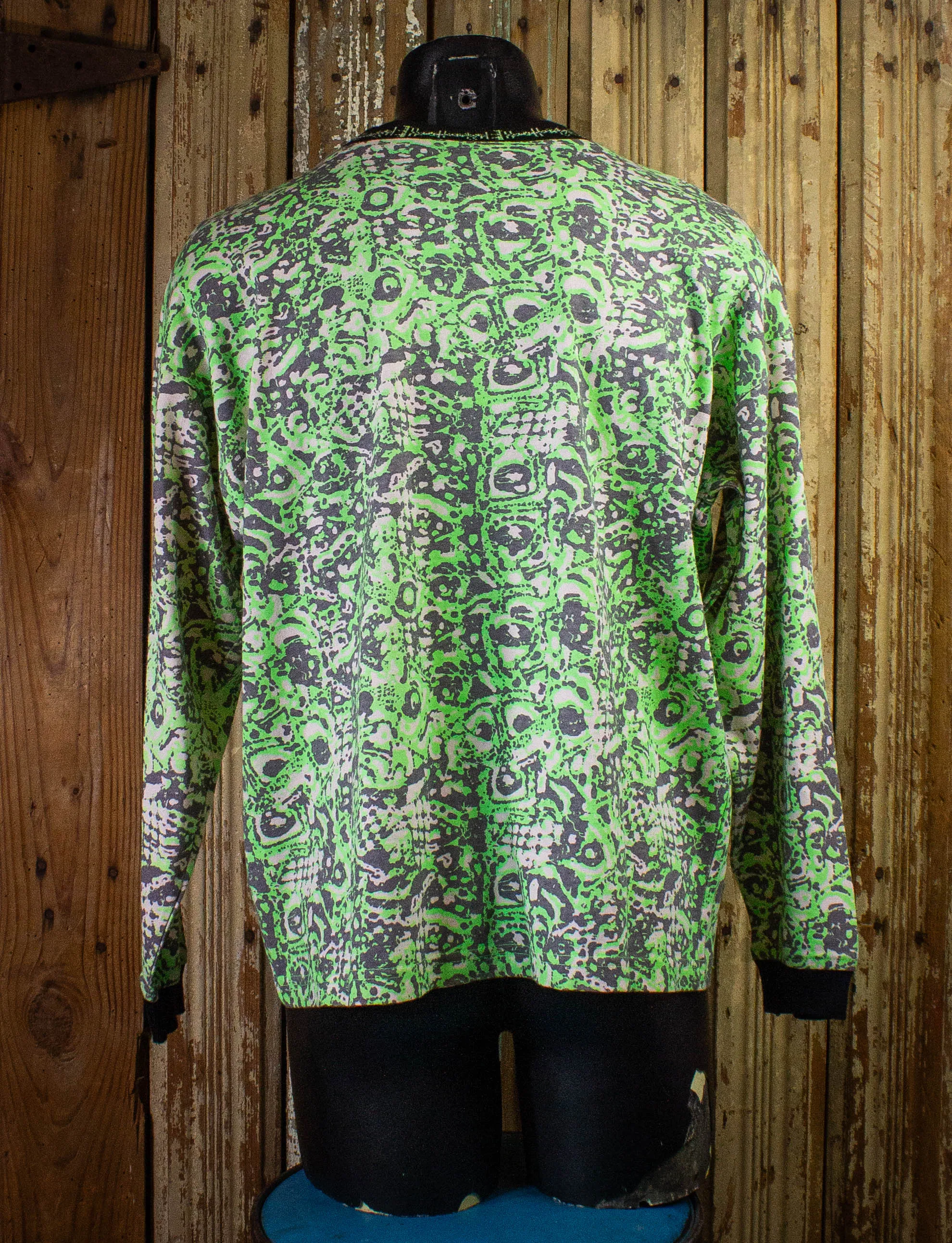 Vintage New Planet Patterned Long Sleeve Skater Shirt 80s/90s Green, White, and Black Large